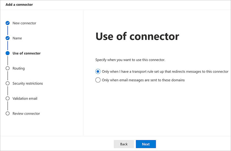 Screenshot of the Microsoft 365 configuration Use of Connector page